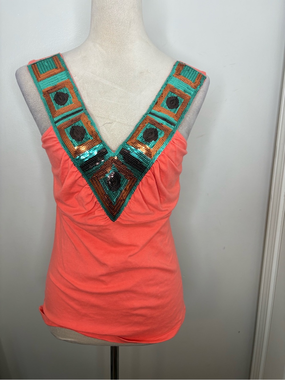 Bisou Bisou Coral Tank Top with Teal & Gold wBeaded V-Neck